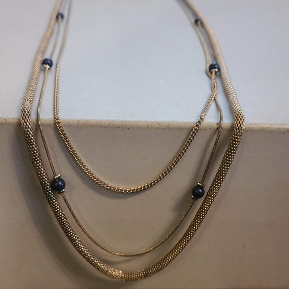 3 Chain Necklace with Blue Bead Accents - Picture 6 of 8